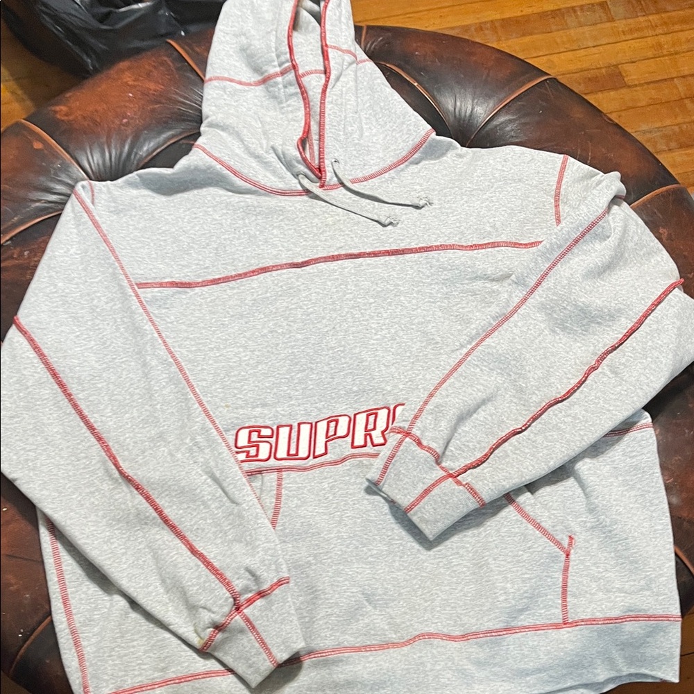 Supreme Light Gray Hoodie with Red Details